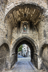 Marching Gate (Marschiertor, 13th century) was south gate of outer Aachen city wall. It is one of most powerful still-preserved city gates in Western Europe. Aachen, Germany. 