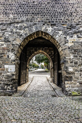 Marching Gate (Marschiertor, 13th century) was south gate of outer Aachen city wall. It is one of most powerful still-preserved city gates in Western Europe. Aachen, Germany. 