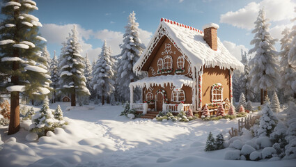 Christmas winter scene, winter landscape, gingerbread house in the winter forest.