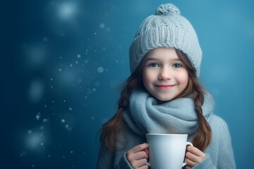 A young woman, enveloped in a snug knitted sweater and scarf, clutches a steamy cup of cocoa. Her warmth contrasts beautifully against a frosty blue backdrop, embodying the winter comfort