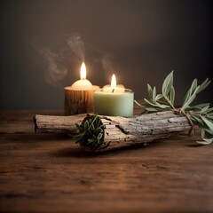 Serene and mystical scene with this AI-generated image of wood and raw sage delicately placed on a weathered wooden table, surrounded by wispy smoke and the soft glow of a candle. Generative AI.
