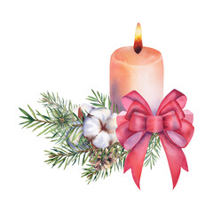 A candle with a red bow, cotton and fir branches. Watercolor illustration. Holidays. Cozy winter. New Year and Christmas.