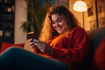 Smiling young overweight woman using mobile phone while sitting on sofa at home - obrazy, fototapety, plakaty