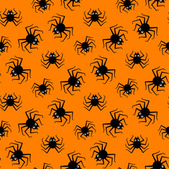 Small black spiders isolated on an orange background. Cute seamless pattern. Vector simple flat graphic illustration. Texture.