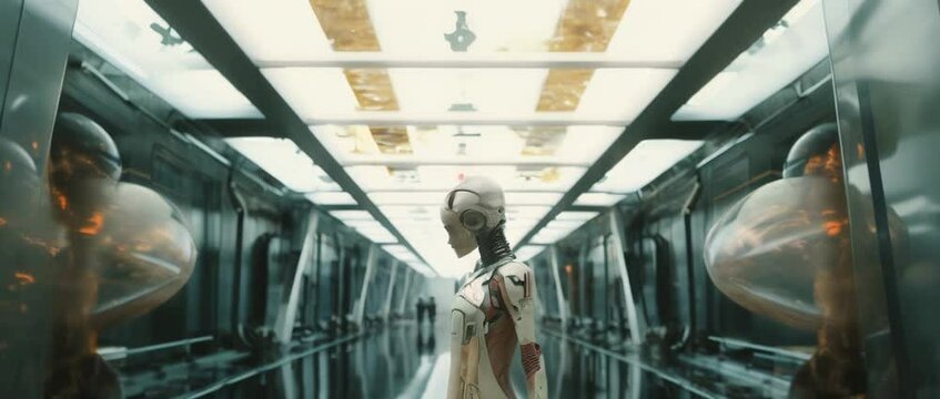 Medium shot of cyborg girl standing in hall in laboratory. Anamorphic 4k footage