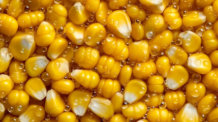 Background of yellow corn grains with drops of water