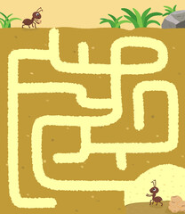 Maze puzzle game for children with cute ant. Kids labyrinth puzzle. Maze activity sheet for children. Help the ant to find home under ground.