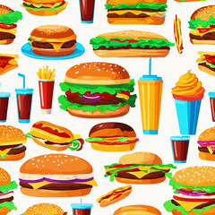 Fast food hamburger dinner and restaurant, tasty set on white background. Vector illustration in flat style.