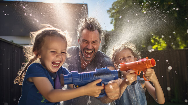 Happy family playing with a water gun in front yard on a warm summer afternoon