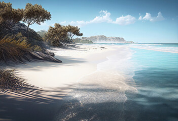 Beautiful beach with sea. Blue sky. Travel, vacation.