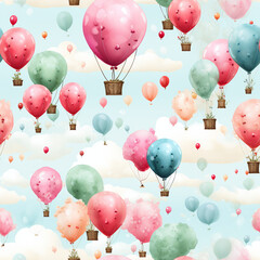 Cute watercolor air ballons seamless pattern for kids