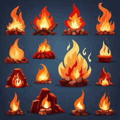 Fire flames, bright fireball, heat wildfire and red hot bonfire, campfire, red fiery flames on white background Vector illustration in flat style.