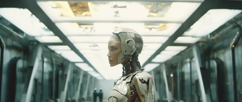 Medium shot of cyborg girl standing in hall in laboratory. Anamorphic 4k footage