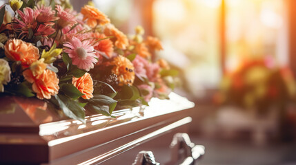 Scene with a coffin in a church. Funeral ceremony - obrazy, fototapety, plakaty