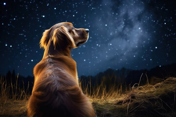 dog view from the back sitting and looking at the stars in the night sky.