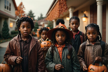 Black kids asking for candy on Halloween. Generative AI. - obrazy, fototapety, plakaty