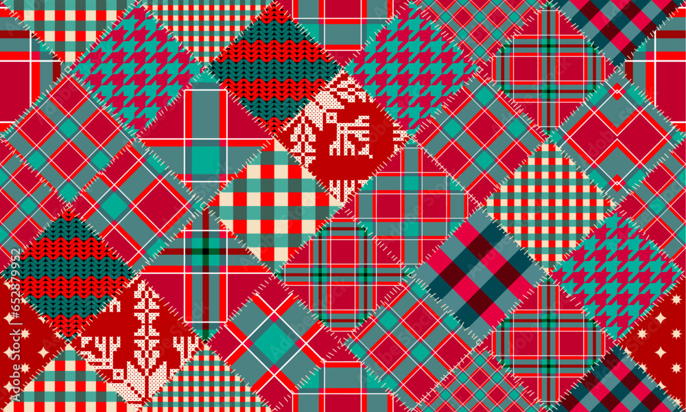 Poster Patchwork textile pattern. Seamless quilting design background. Merry Christmas cozy pattern.