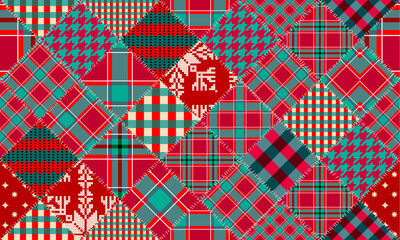 Patchwork textile pattern. Seamless quilting design background. Merry Christmas cozy pattern. - obrazy, fototapety, plakaty