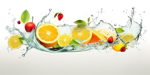 Swirl water splash with fruits. liquid flow with ice cubes and a mix of fresh fruits.