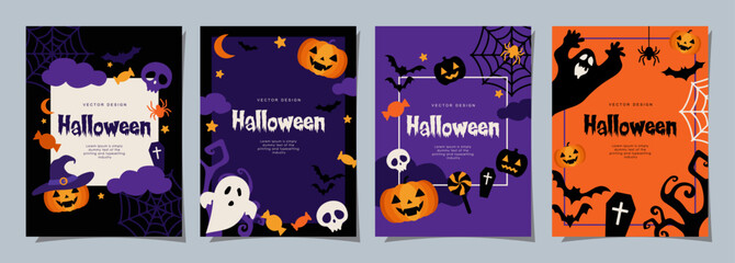Halloween banners set, party invitation background with clouds, bats and pumpkins in flat design for banner, cover, printing and social media post. Vector illustration.