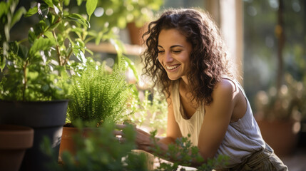 Young woman is gardening by caring for plants in her home