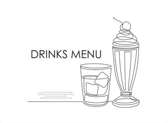 Drinks menu. Continuous one line drawing of glasses with cocktails. Illustration with quote template. Can used for logo, banner, booklet, flyer, brochure