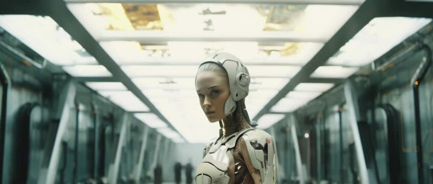 Medium shot of cyborg girl standing in hall in laboratory. Anamorphic 4k footage