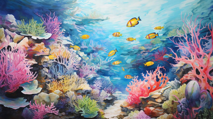 Obraz na płótnie Canvas Coral reef and fishes background in watercolor and acrylic style