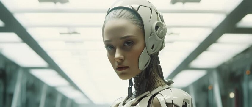 Medium shot of cyborg girl standing in hall in laboratory. Anamorphic 4k footage