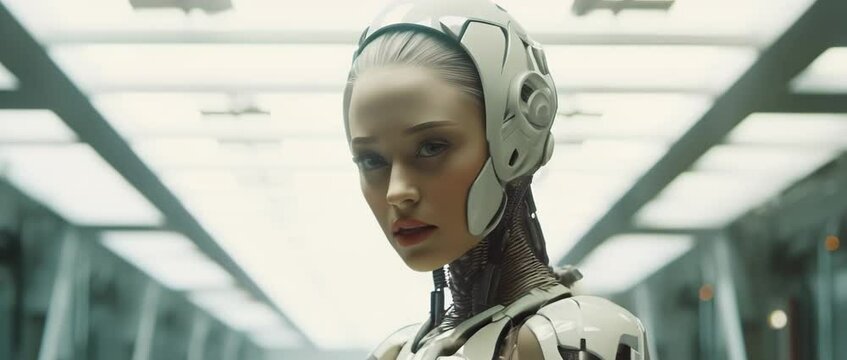 Medium shot of cyborg girl standing in hall in laboratory. Anamorphic 4k footage