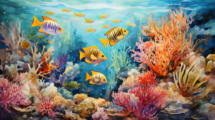 Fototapeta na wymiar Coral reef and fishes background in watercolor and acrylic style