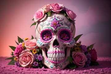 Sweet sugar skull with pink and yellow flowers to celebrate Day of the Dead (dia de los muertos), Mexican tradition in november. Generative AI