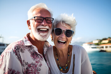 happy retired senior couple on cruise ship