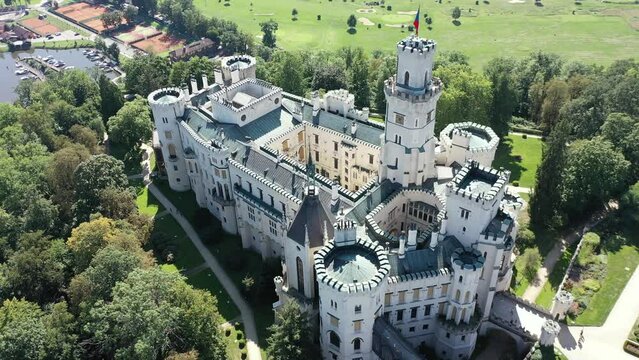 Aerial top view flight Hlubok&aacute; Nad Vltavou is a Fairy tale castle in Czech Republic Europe. Summer. 