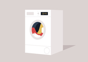 An isolated image featuring a washing machine filled with an array of vibrant delicate fabric items, embodying the concept of household chores