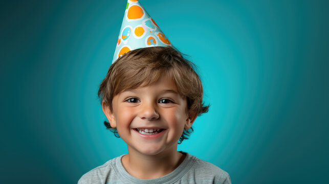 Happy little boy celebrates his birthday wearing a cap on a colorful background
