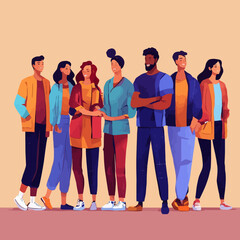 Fototapeta premium Team of young men and women holding hands, characters standing together, friendship, unity concept on white background Vector illustration in flat style.