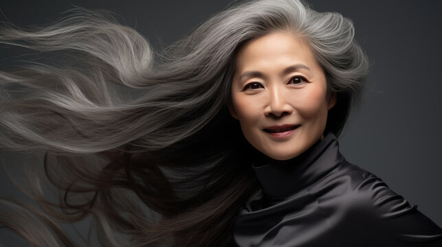 Portrait of senior mature middle aged lady with long gray natural coloring vibrant silky hair.