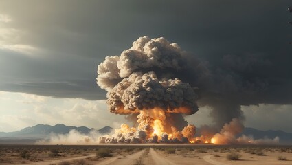 Nuclear bomb blast in a desert. Mushroom cloud. Destruction and nuclear war idea. Science and weapon concept.
