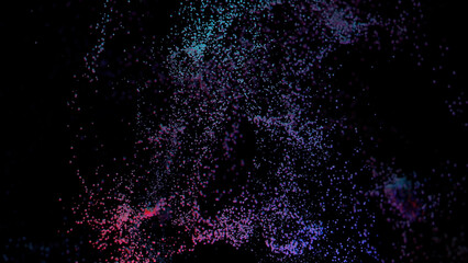 Black background with flying glitter. Design. Bright blue and purple sequins that scatter in a chaotic manner in the animation.