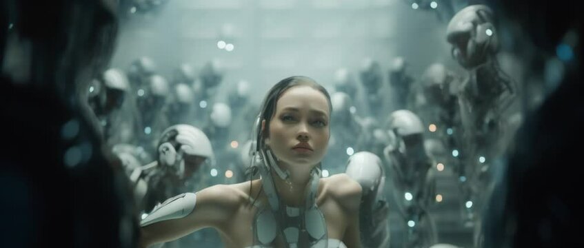 Portrait of cyborg girl connected to network in laboratory. Anamorphic 4k footage