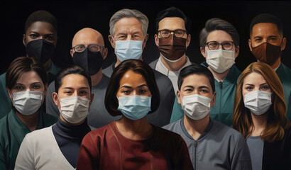 Diverse People in Masks on a dark background. concept of protection against coronavirus during a pandemic - obrazy, fototapety, plakaty