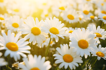 Field of daisies top view. Texture natural background of many flowers chamomile in meadow in grass