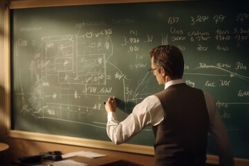 Dedicated teacher scribbling complex equations on a whiteboard, illuminating the path of understanding for eager students.