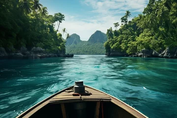 Fotobehang Graceful tourist boat smoothly navigating the turquoise waters, weaving through a picturesque tropical island archipelago, promising adventure and serenity. © Kishore Newton