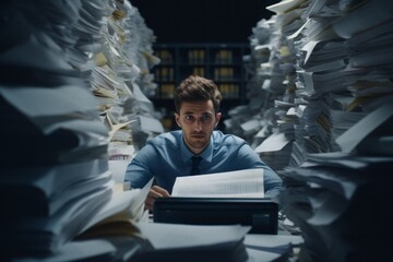 Overwhelmed employee, drowning amidst towering stacks of paperwork, emblematic of the pressures of corporate demands. - obrazy, fototapety, plakaty