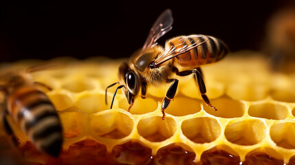 Close-up of a Pollinator Creature - a Honey Bee on a honeycomb