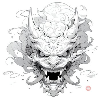 Demon mask, tattoo japanese culture. Mask oni on a white background. Art. Print