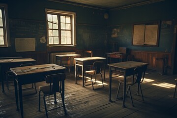 Vintage classroom setting, featuring polished wooden desks and a chalky blackboard, evoking memories of bygone educational days.