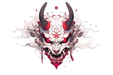 Fotobehang Demon mask, tattoo japanese culture. Mask oni on a white background. Art. Print © Daniil